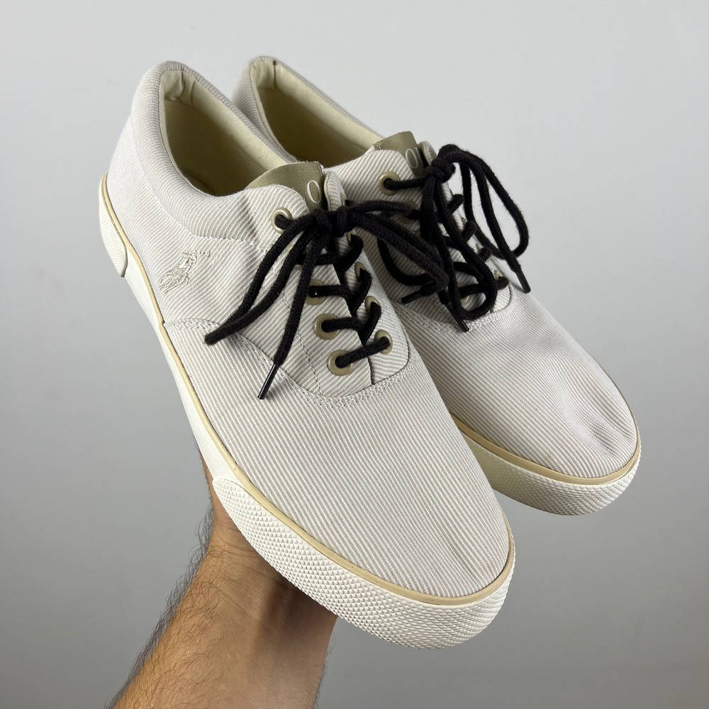 Polo Ralph Lauren Mens Seersucker Striped Canvas Sneakers Tan White